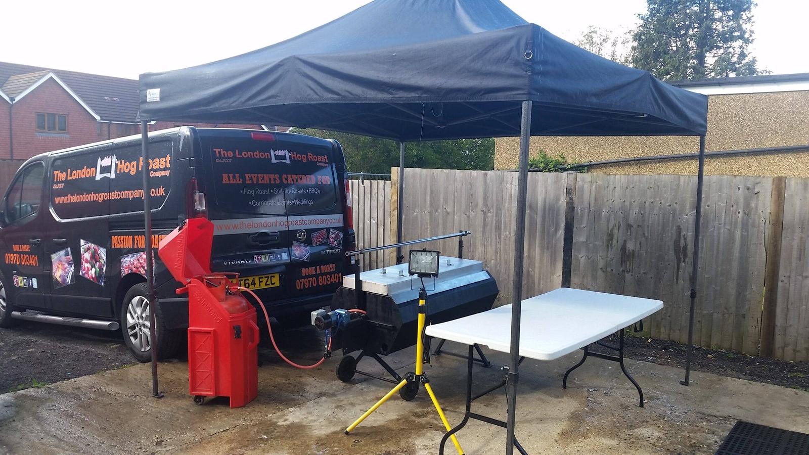 Hire set-up with gazebo, roasting machine, gas and serving table