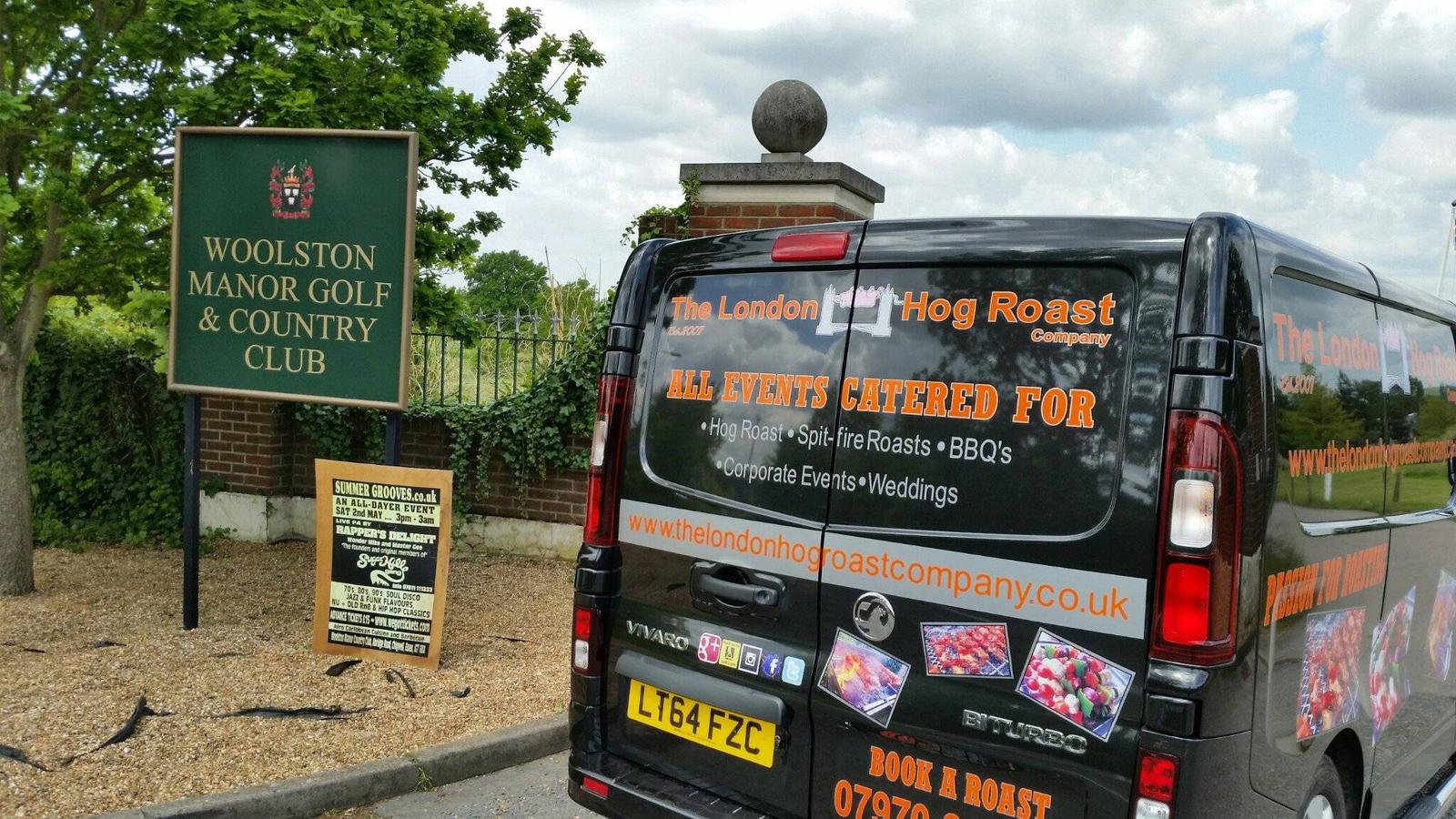 The London Hog Roast Company van at the entrance to Woolston Manor Golf & Country Club